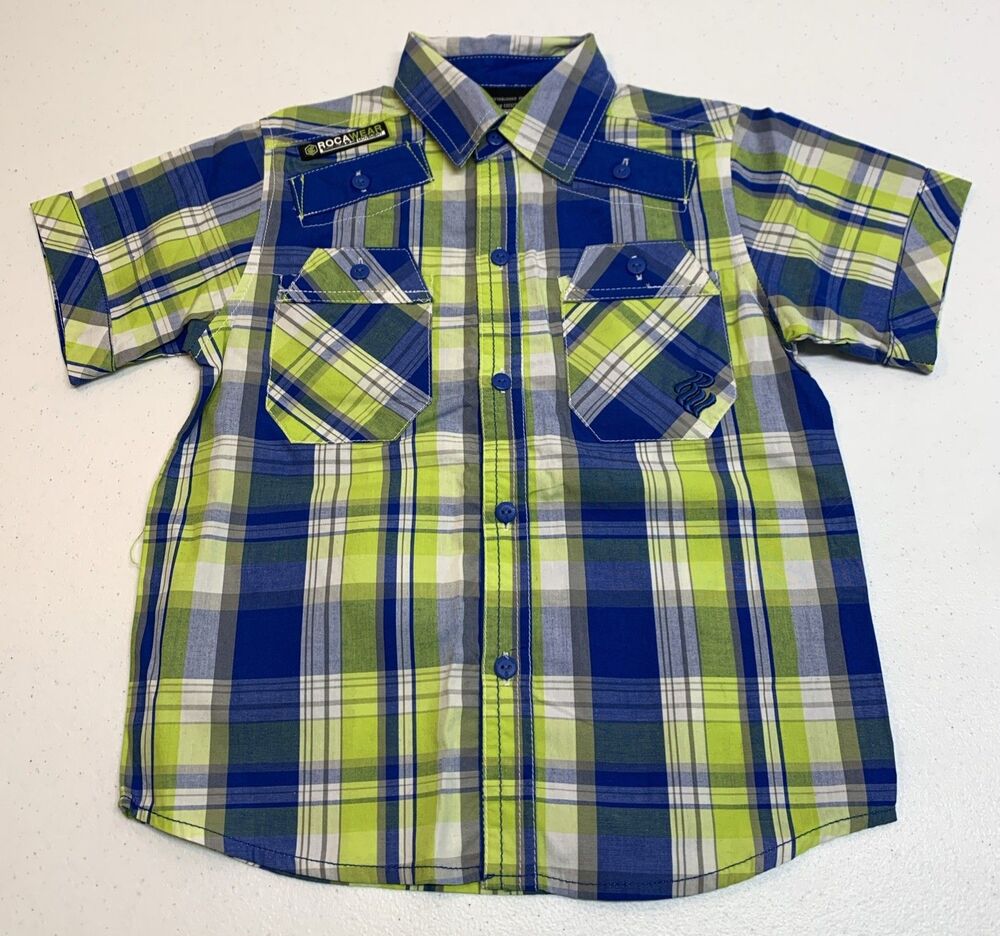 Roca Wear Boys Shirt 4T Green Blue Plaid Collared Hip Hop Casual Streetwear